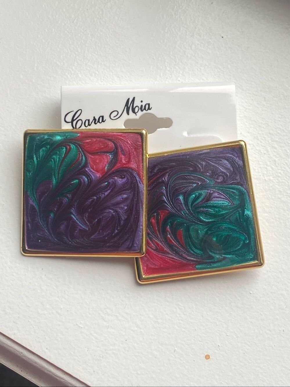 Swirl Enamel Square Stud Earrings Vintage Purple Teal Pink Gold Tone